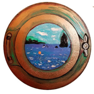 Artist G.A.A. porthole shaped painting of.. a porthole with a blue ocean, light blue sky, black prayer shaped island, and an orange buoy in the foreground.